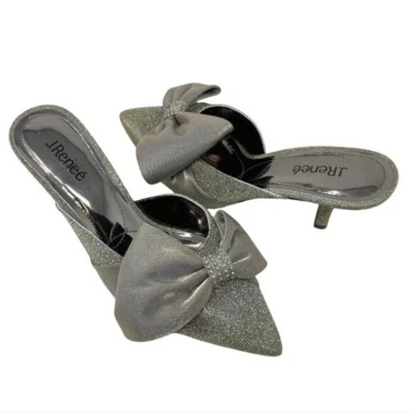 J.Renee' Silver and Gold Shimmer Bow Sparkle Pointed Toe Mules - Size 11 W - Picture 1 of 7